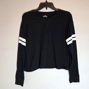 Hollister Long Sleeve Black Boxy Top with White Arm Stripes, Size XS